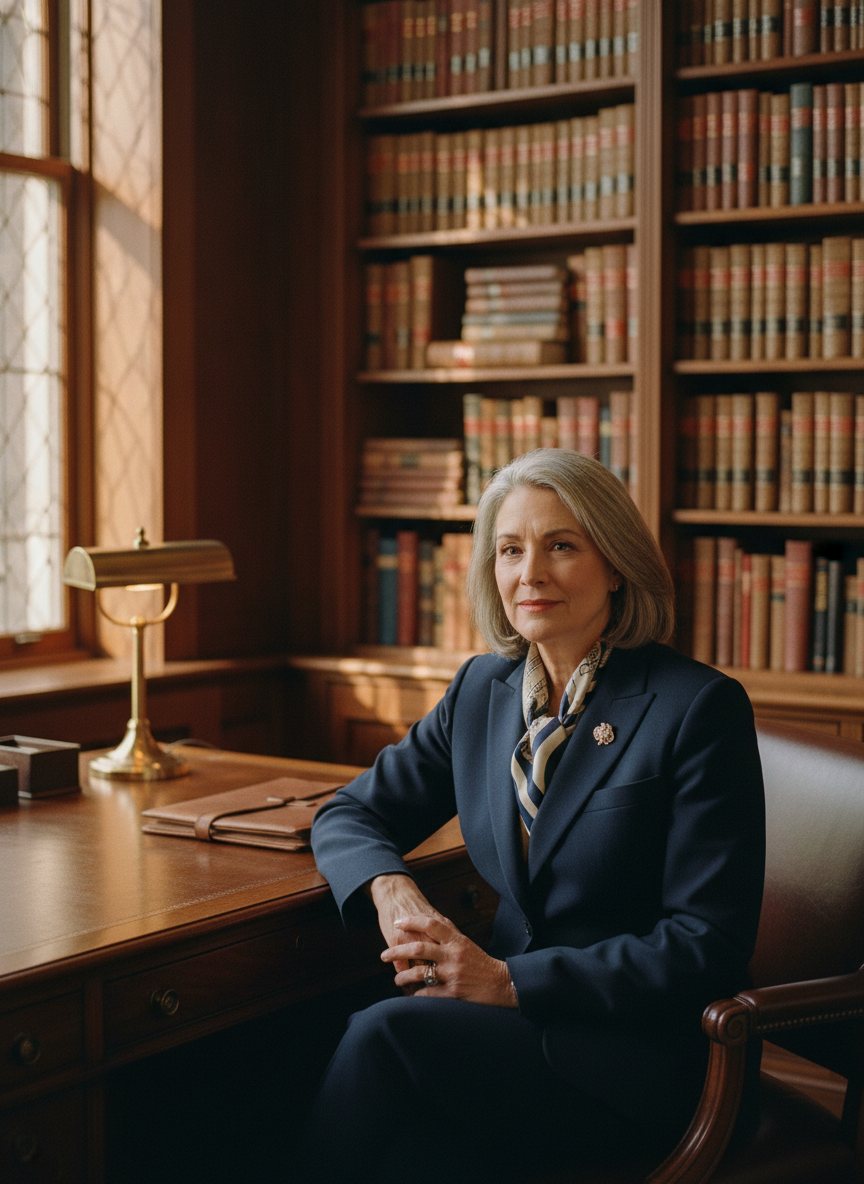 An estate planning attorney in a wood-paneled office with shelves of law books.