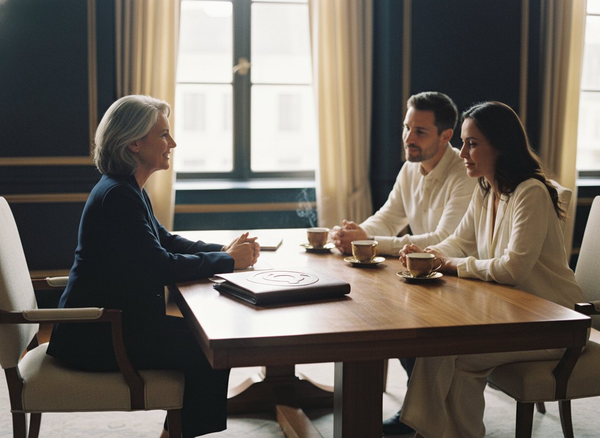 An attorney and clients talking across a desk in a warm, naturally lit office.
